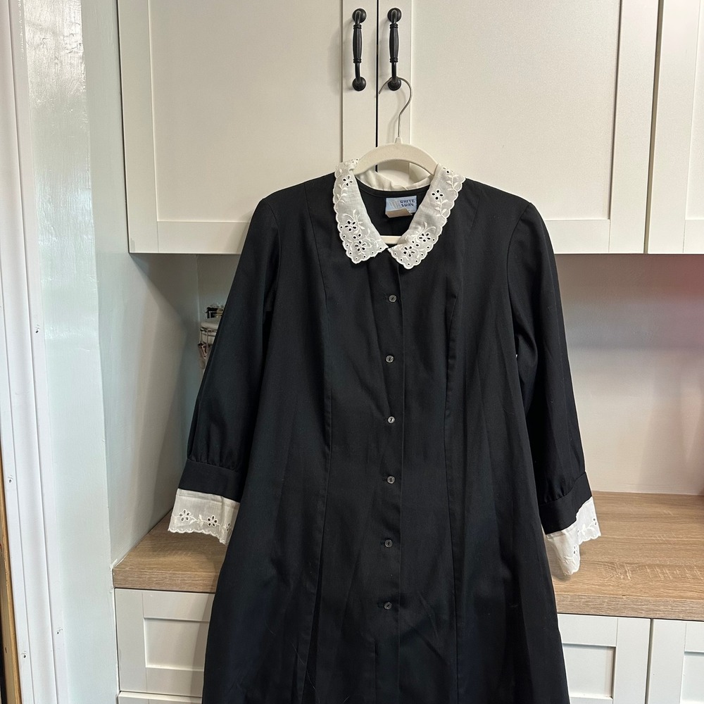 VTG 60s/70s Black Nurses Dress Womens 14 Lace PeterPan Collar Wednesday Addams - Picture 5 of 16